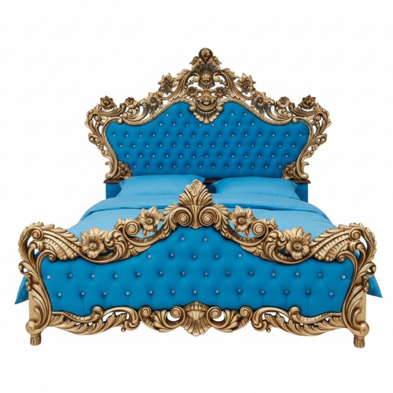 Golden Solid Wood Carved Bed